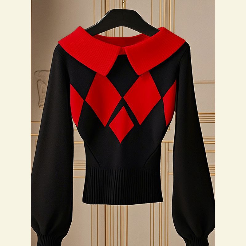 European Goods Western Style Unique Chic Niche Idle Style Black Diamond Plaid Sweater