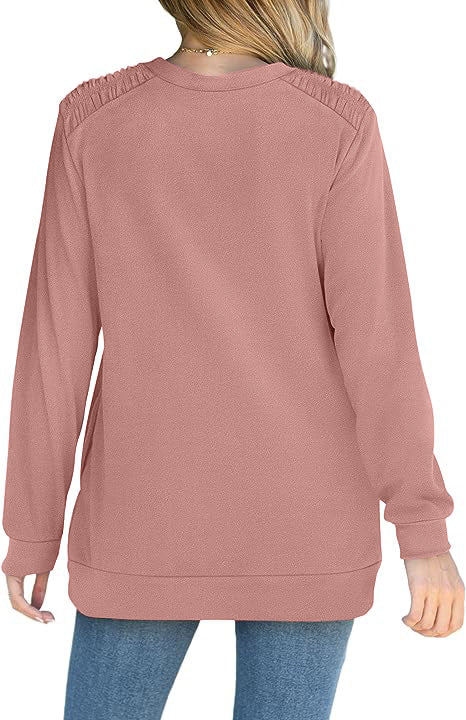 Fashion Langærmet Pullover Sweatshirt Med Lommer Afslappet Løs Ensfarvet Top Damebeklædning