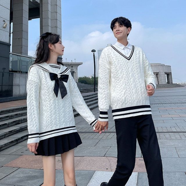 New Japanese-style Color-blocked Round-neck Thick Fairy Sweater In White