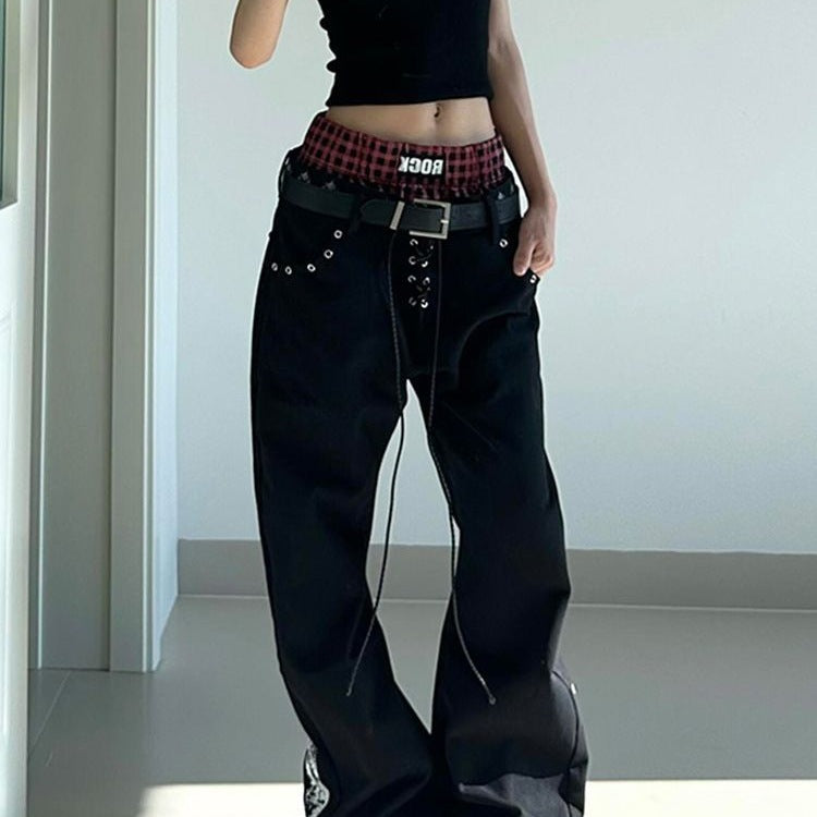 Retro Drawstring Babe Color-blocking Double Waistband Patchwork Print Curved Pants