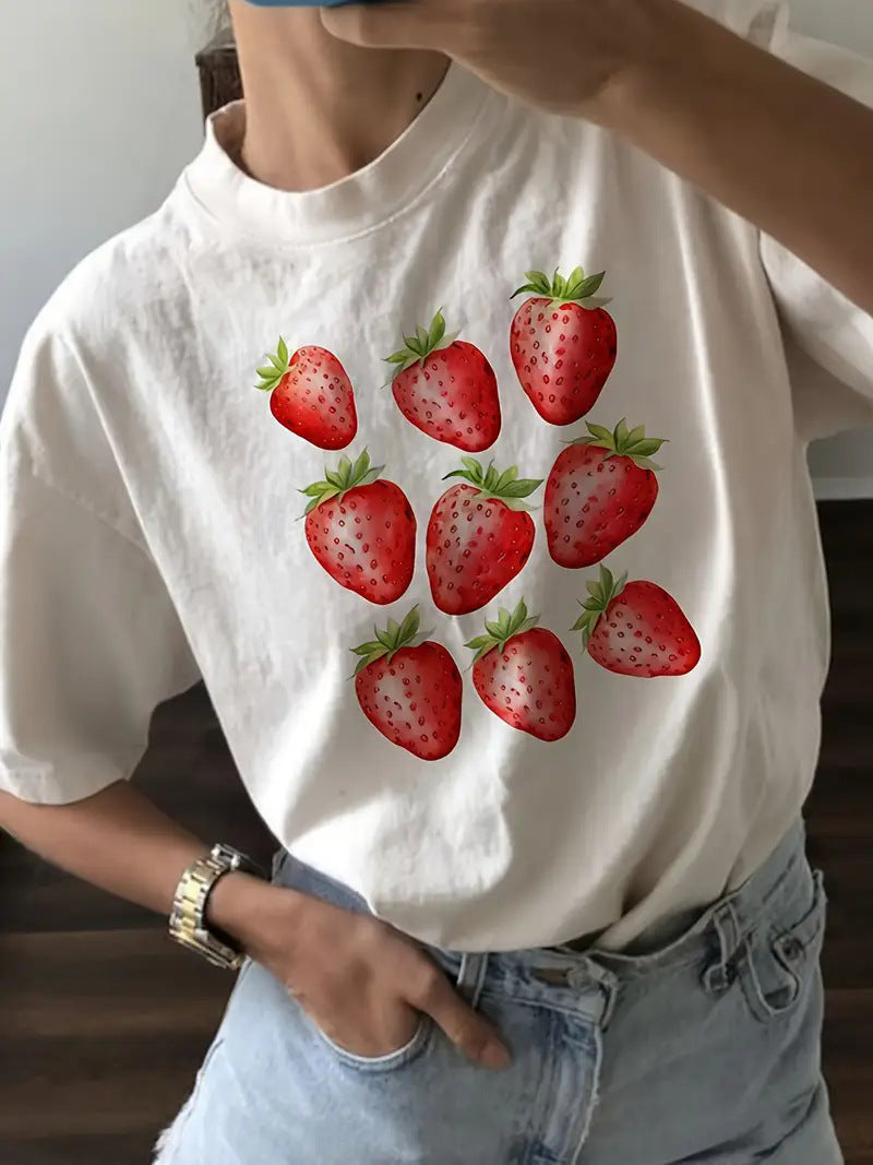 Fruit Strawberry Round Neck Short Sleeve Top For Women