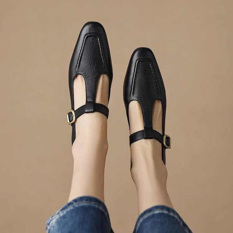 Soft Leather Brown T-strap Chunky Heel Pumps