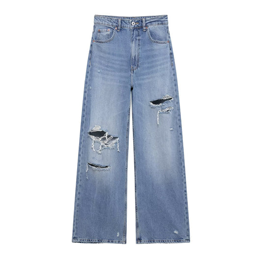 Perforated Hole Decoration Loose Mid Waist Jeans