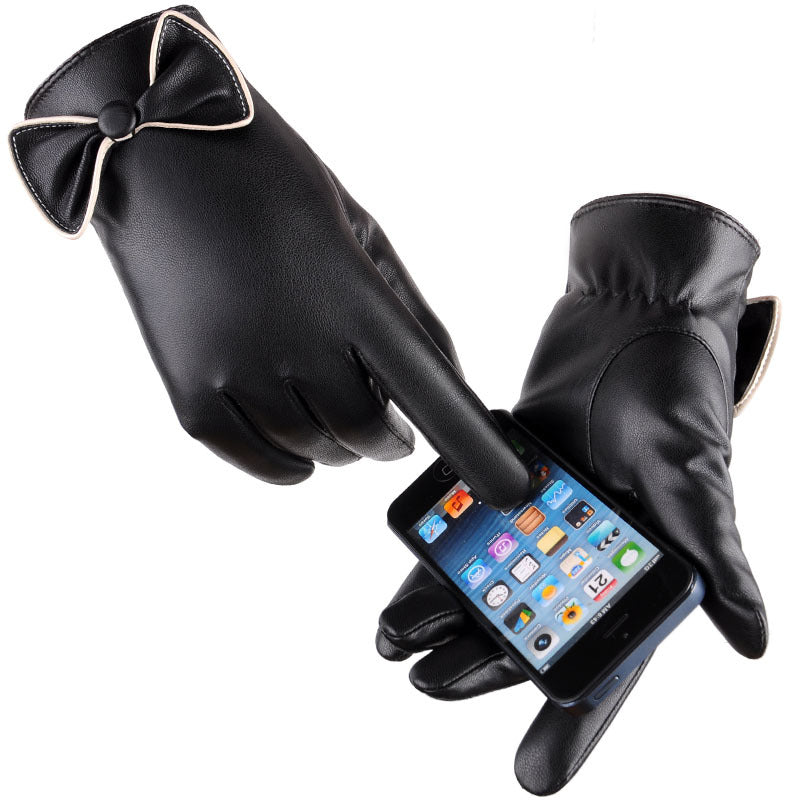 Women's Full-touch Screen PU Leather Warm Cycling Fashion Cute Bow Gloves