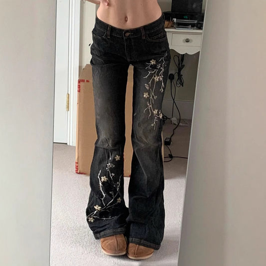 Denim-style Casual Pants With Floral Embroidery