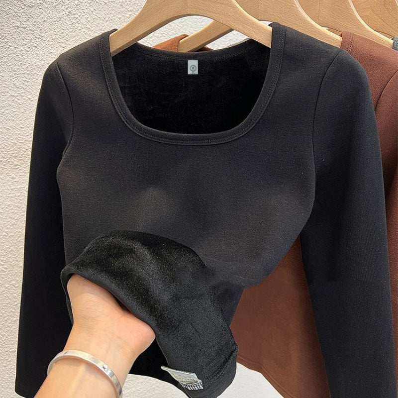Fleece-lined Square Collar Bottoming Shirt Women's Keep Warm Pure Color Slim Fit