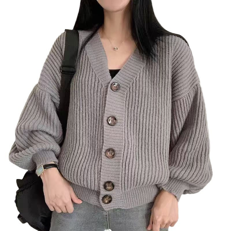 Korean Style V-neck Solid Color Dinified Sweater Coat