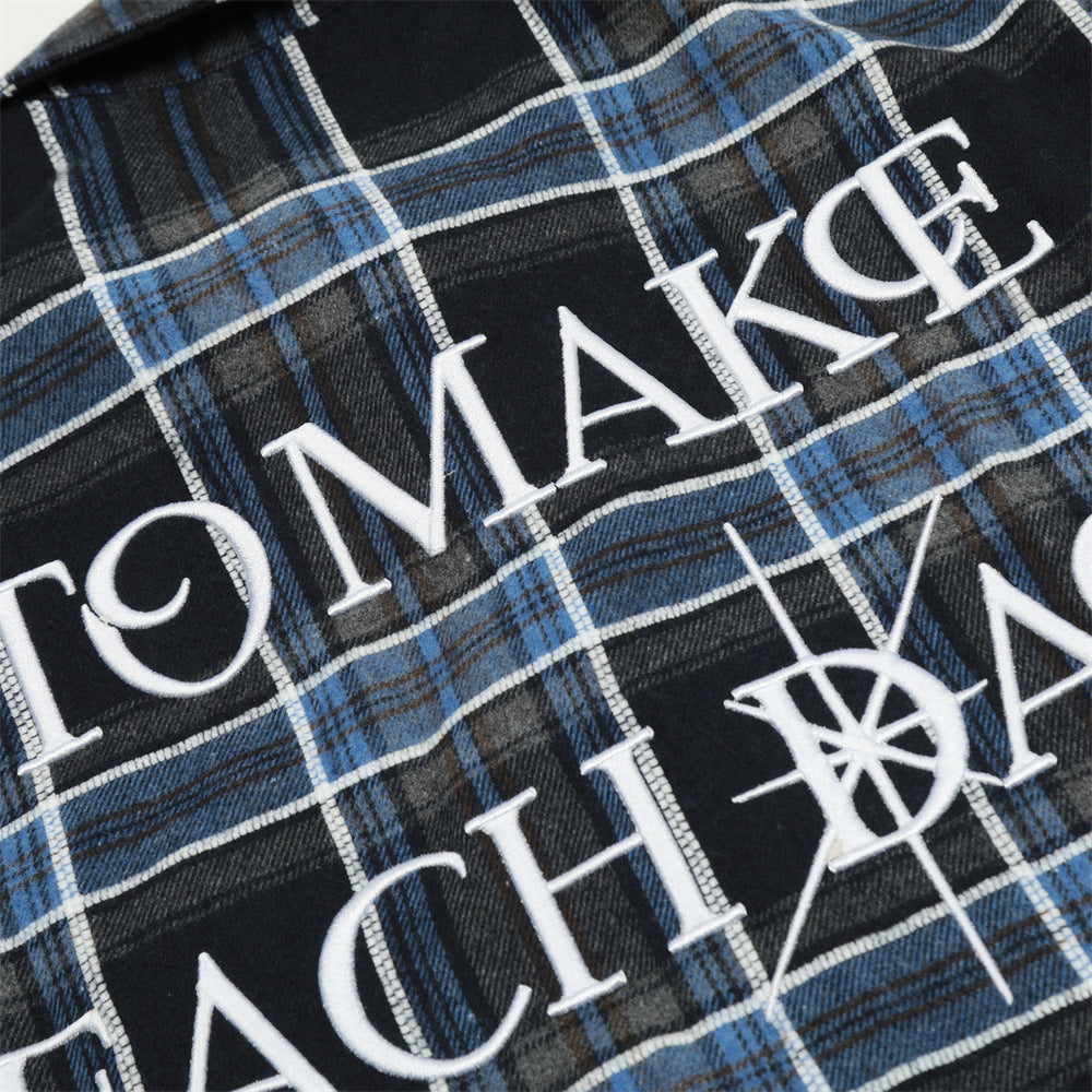 Plaid Letters Embroidered Shirt Men's Spring And Autumn