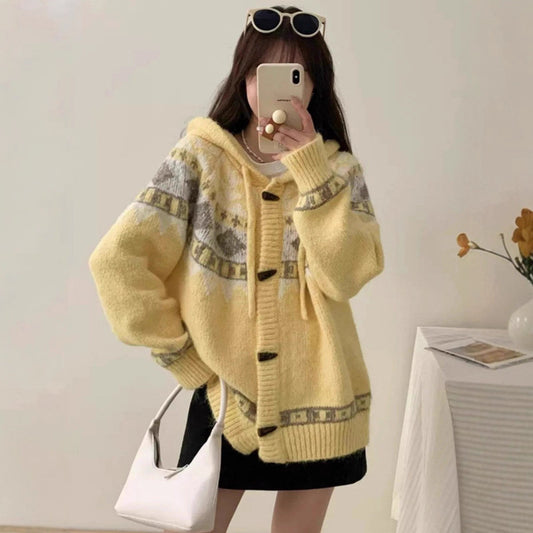Loose And Lazy Style Horn Button Knitted Cardigan