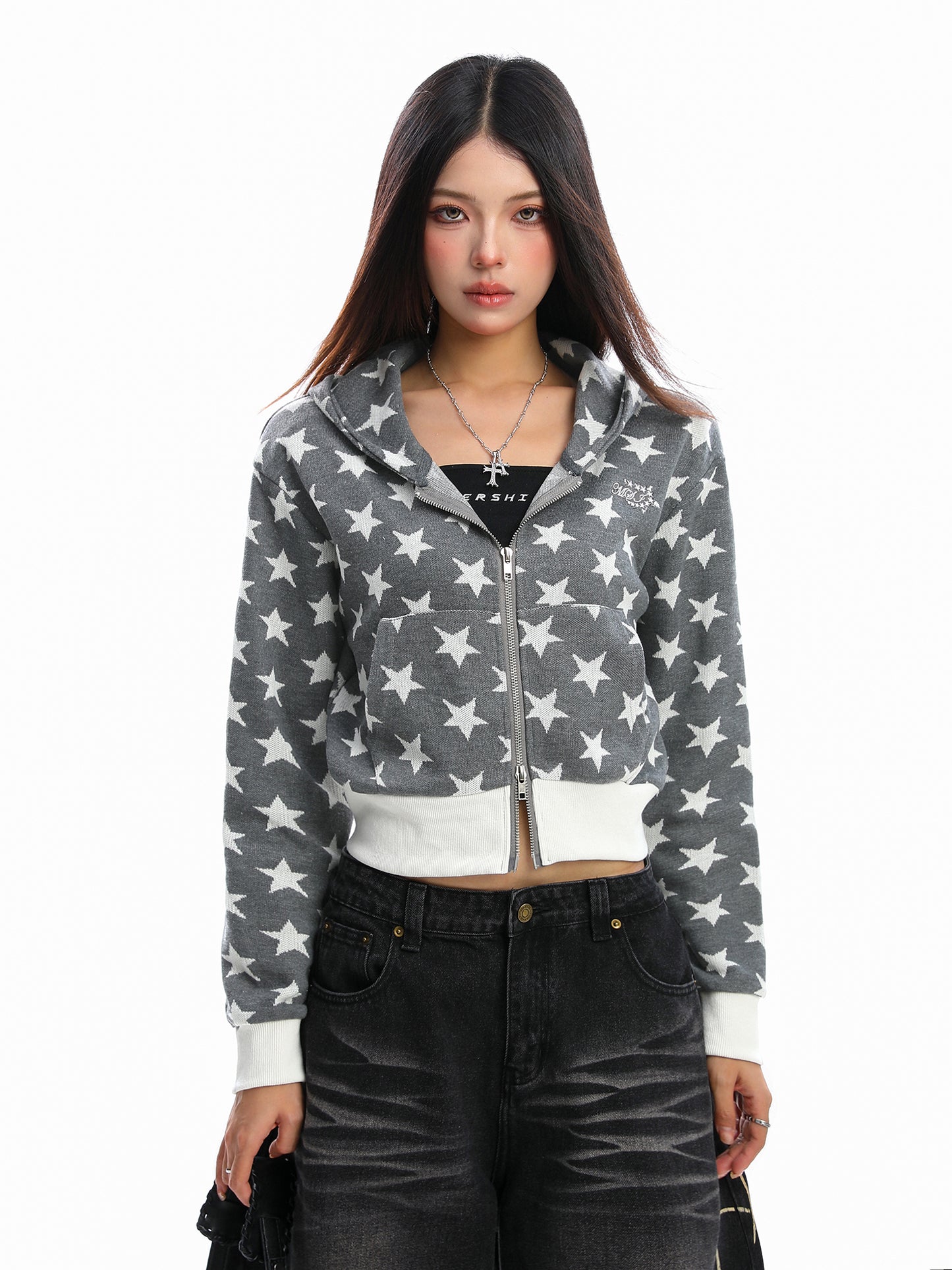 Full Printed XINGX Hooded Short Sweater Women's Cardigan Zipper Coat
