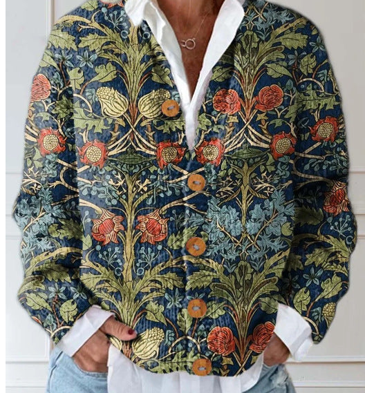 Women's Fashion 3D Color Matching Pattern Printing Cardigan Knitted Coat