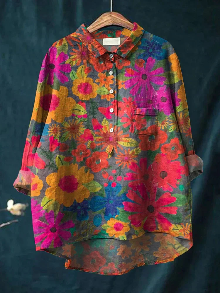 Womens Summer Loose-Fit Printed Lapel Casual European-Size Shirt