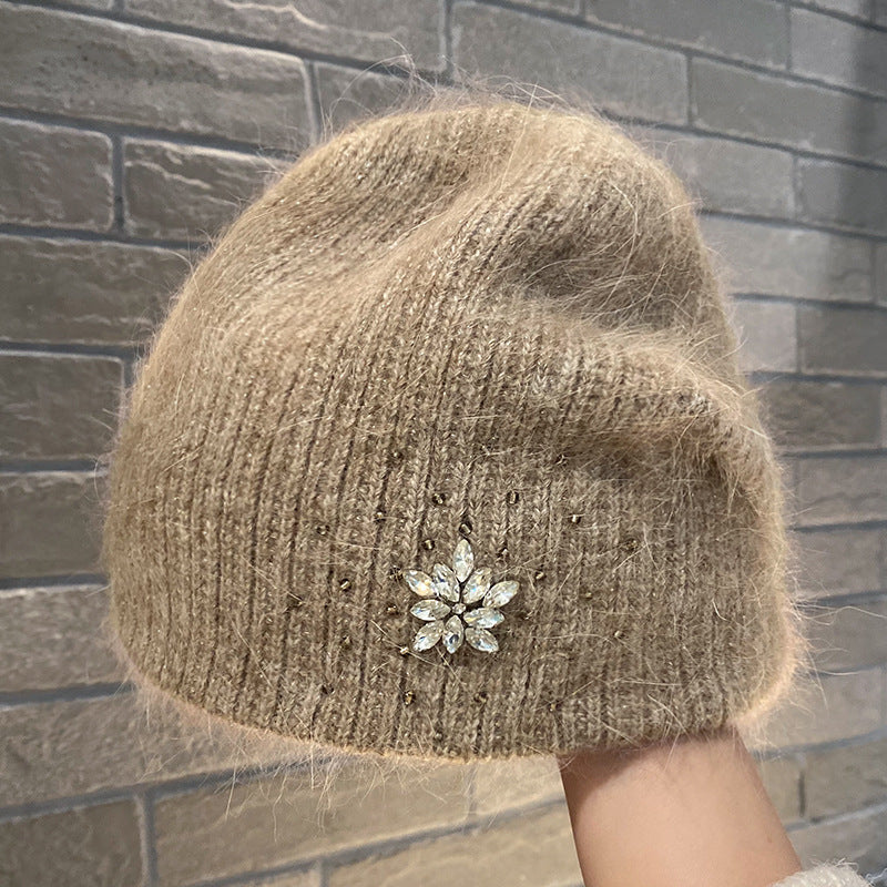 Women's Rabbit Hair Knitted Hat Thickened Warm Rhinestone Flowers