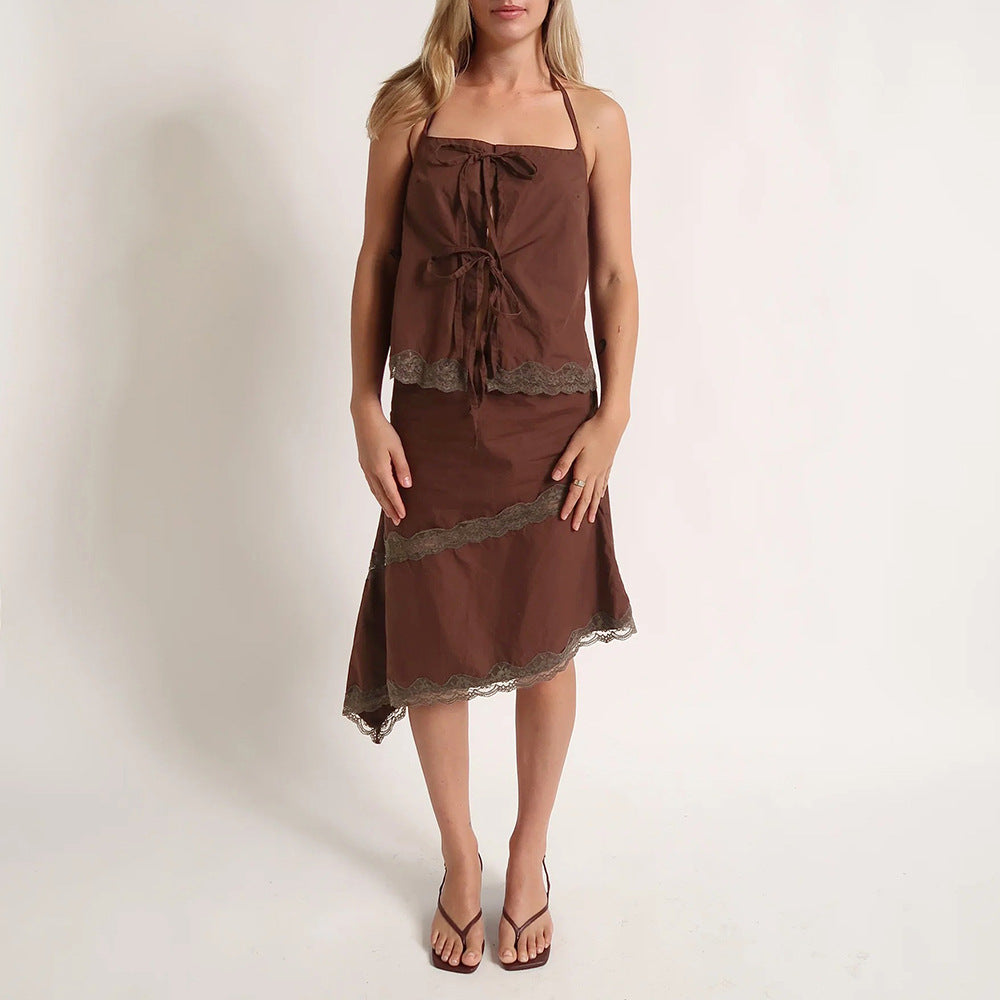 Strapless Halter Top With Ties Lace-trimmed Short Skirt Set