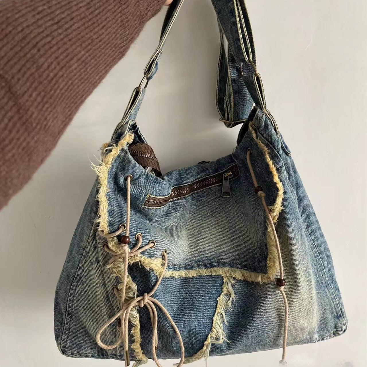 Vintage Vasket Børstet Denim Taske med Kvast