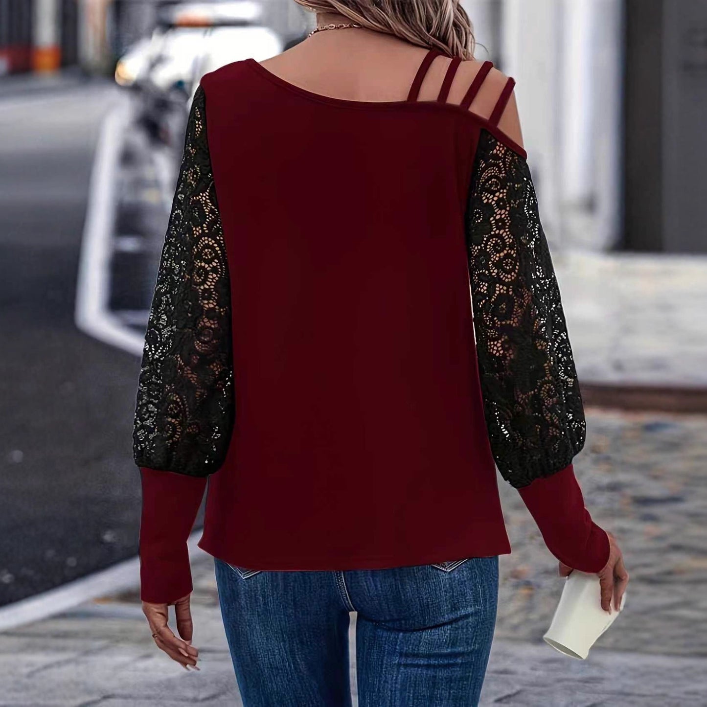 Womens Loose Red Lace-Panel Long-Sleeve T-Shirt