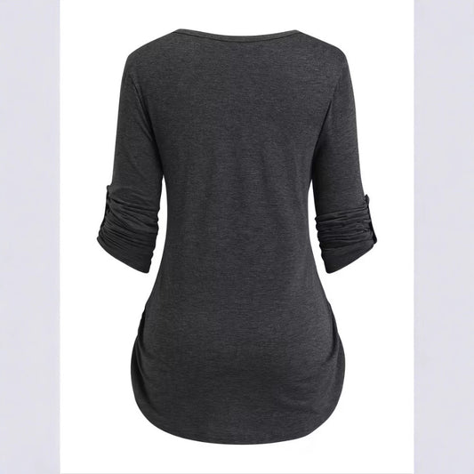 Solid Color Round Neck Long Sleeve Button Casual Beautiful Shirt Cute