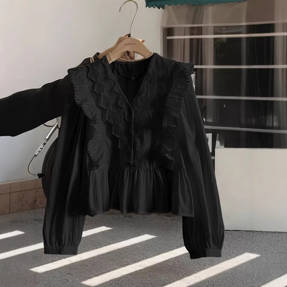 Womens Casual Solid-Color Lace-Patchwork Ruffle-Trim Long-Sleeve Top