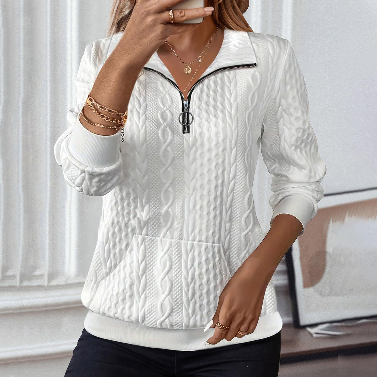 Womens Casual Lapel-collar Zip-up Long-sleeve Hoodie With Pockets