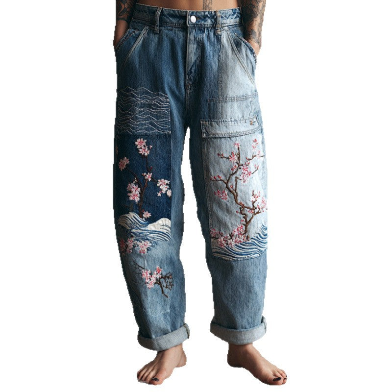 New 3D Heat-transfer Printed Flared Jeans-style Trousers In Faux Denim