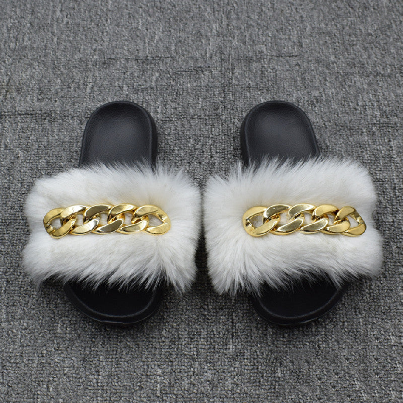 Fur Fur Slippers Chain Faux Fur Flip Flops