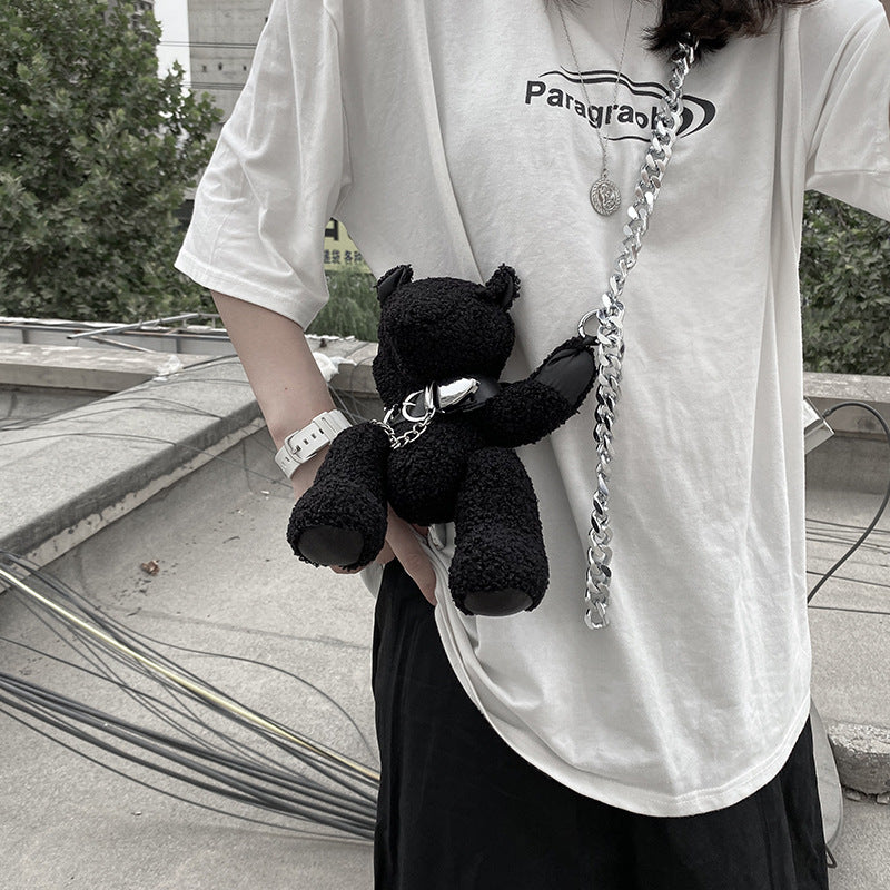 Cute Dark One-eyed Bear Mink Plush Chain Messenger Bag