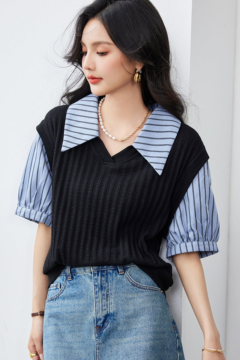Slimming False Two-piece Women's French Puff Short Sleeve Striped Top