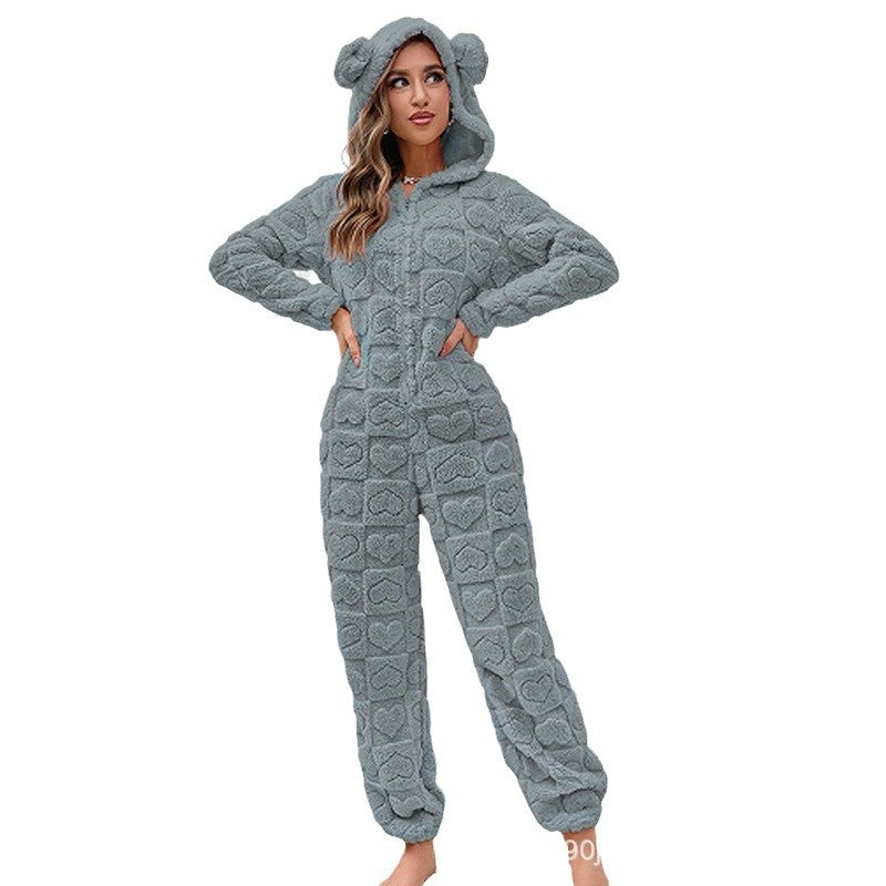 Womens Warm Hooded Jumpsuit For Home Wear