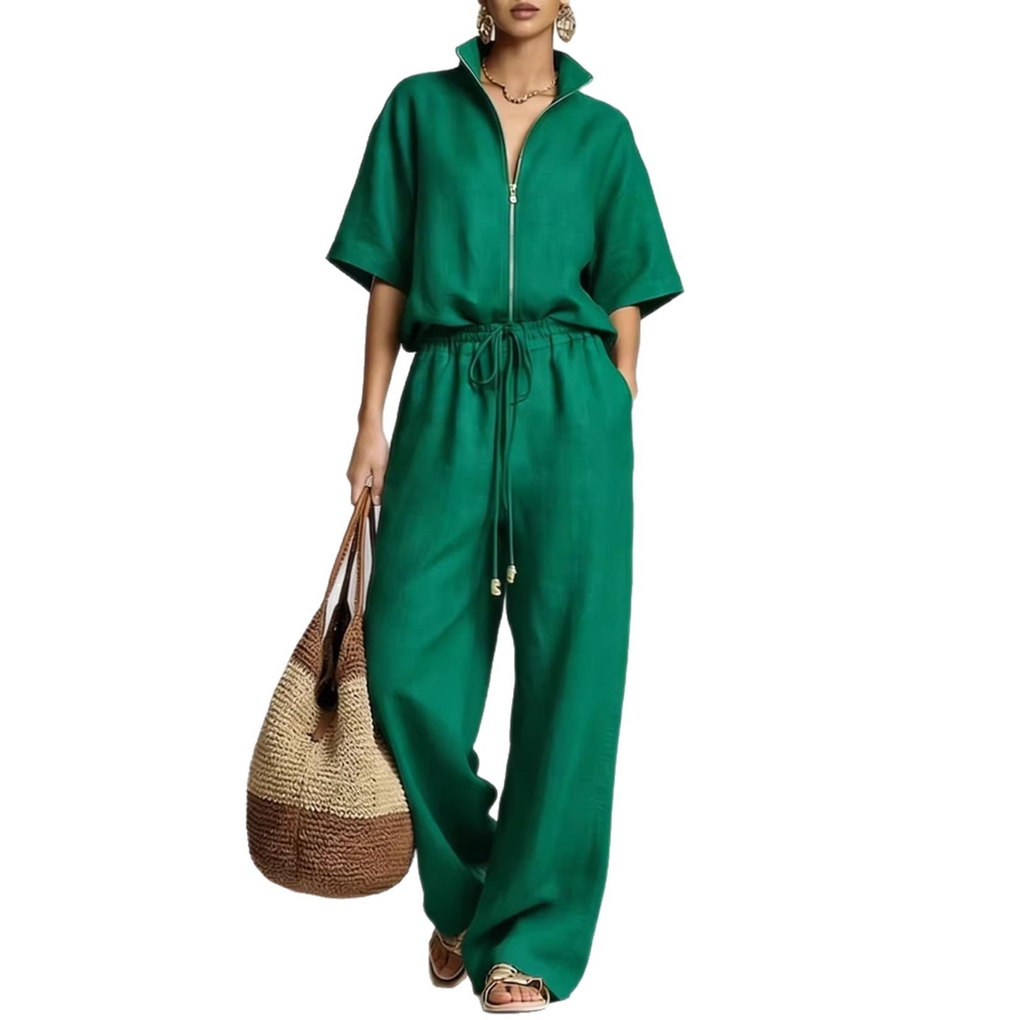 Womens Casual Loose Solid-Color Zip-Up Crew-Neck Wide-Leg Pants Set