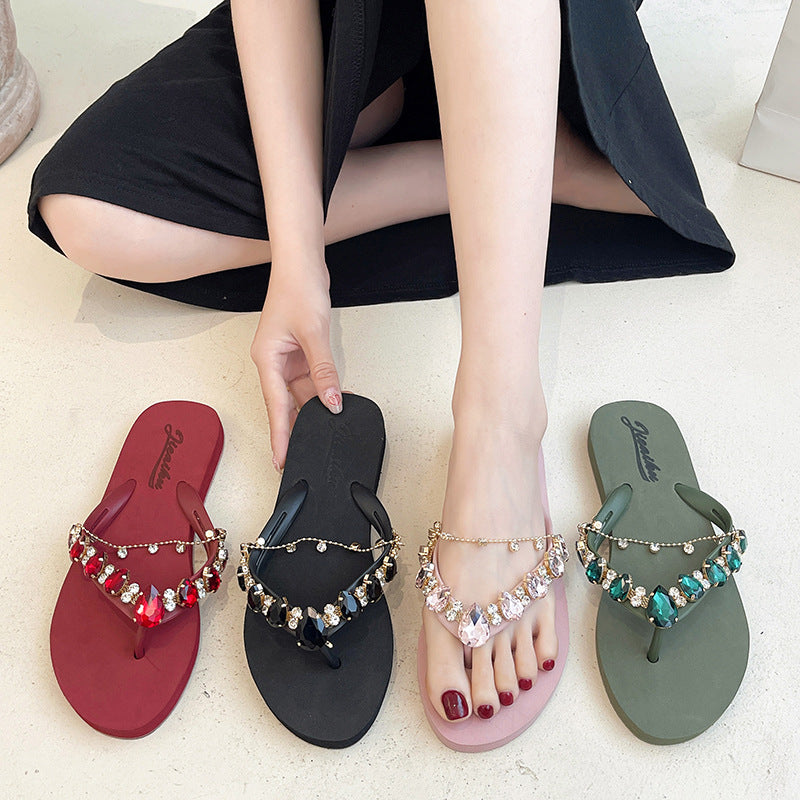 Women's Fashion Casual Rhinestone With Chain Flip-flops