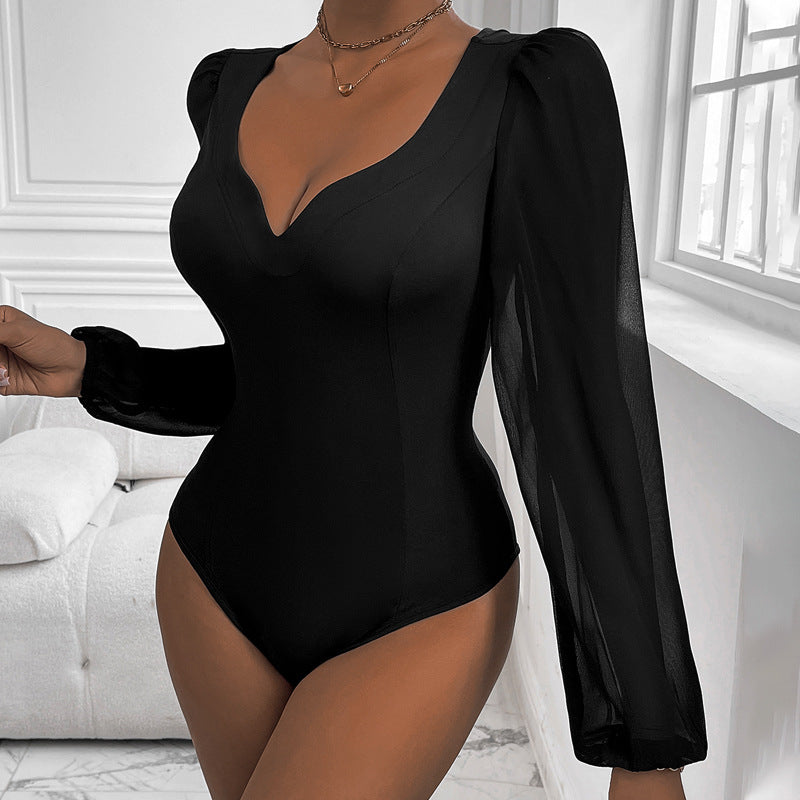 Mesh-jumpsuit til damer med V-udskæring og patchwork
