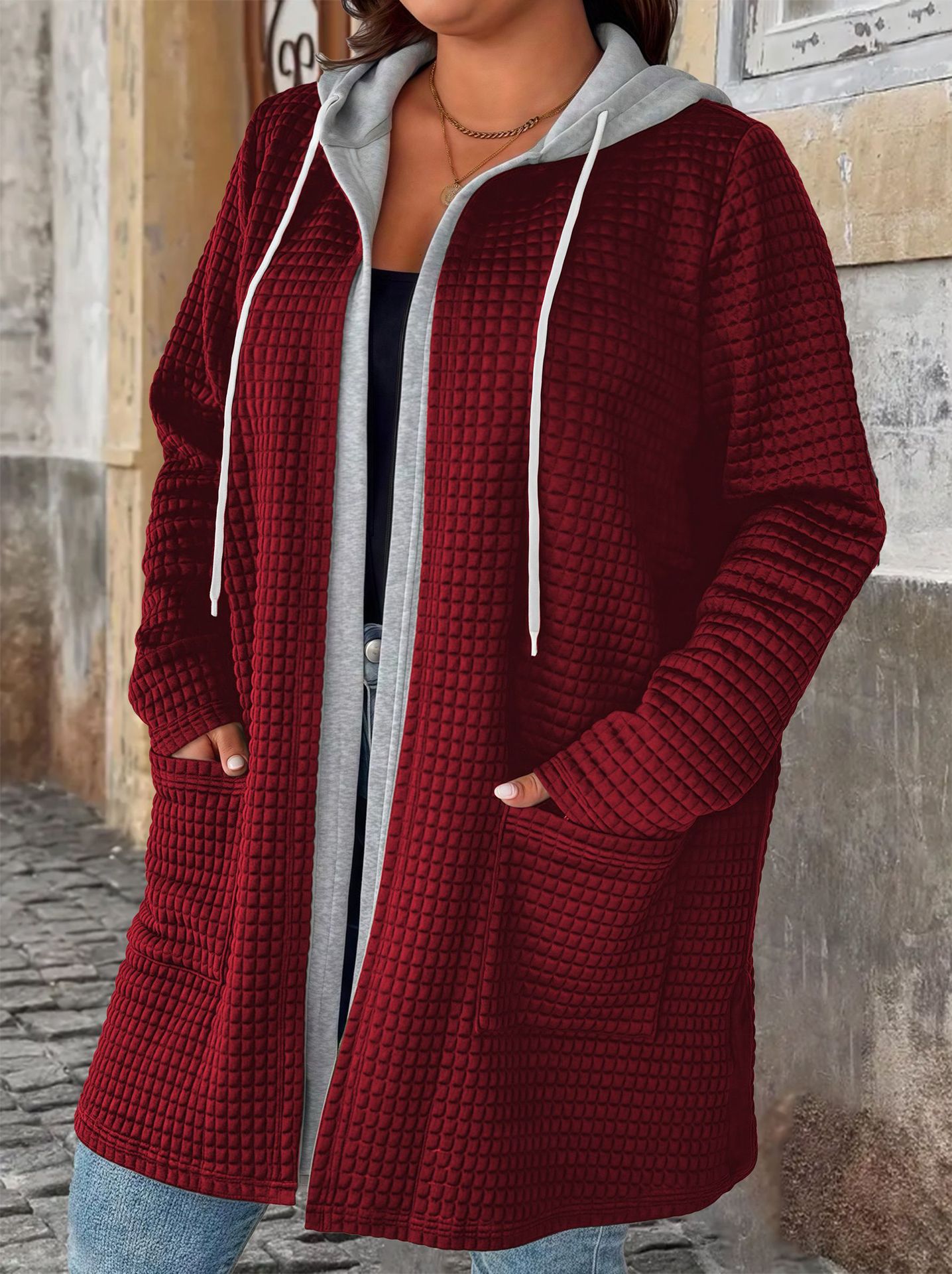 Women's Hooded Pocket Cardigan Jacket Without Buckle