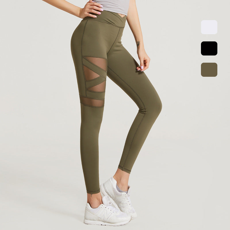 Mesh Stitching Cross Belly And Hip Lift Yoga Trousers