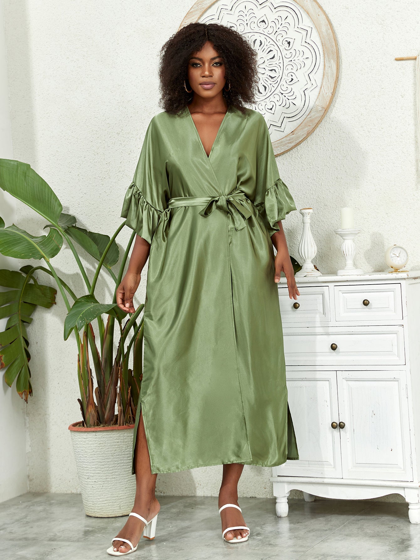 Dame Plus-Size Satin Langærmet Kjole