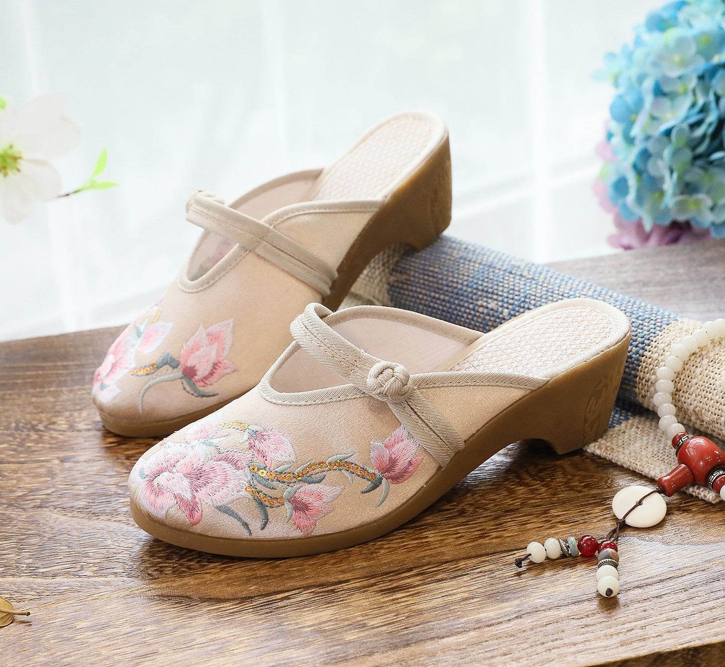 High Heel Wedge Embroidered Cloth Slippers For Women