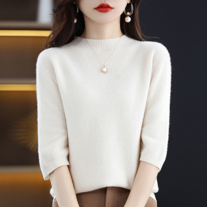 Pure Wool Women's Half Turtleneck Short Pullover Base Knitwear Three-quarter Sleeve Sweater