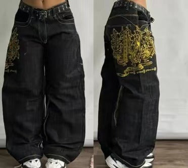 Printed Black Jeans American Retro Jazz