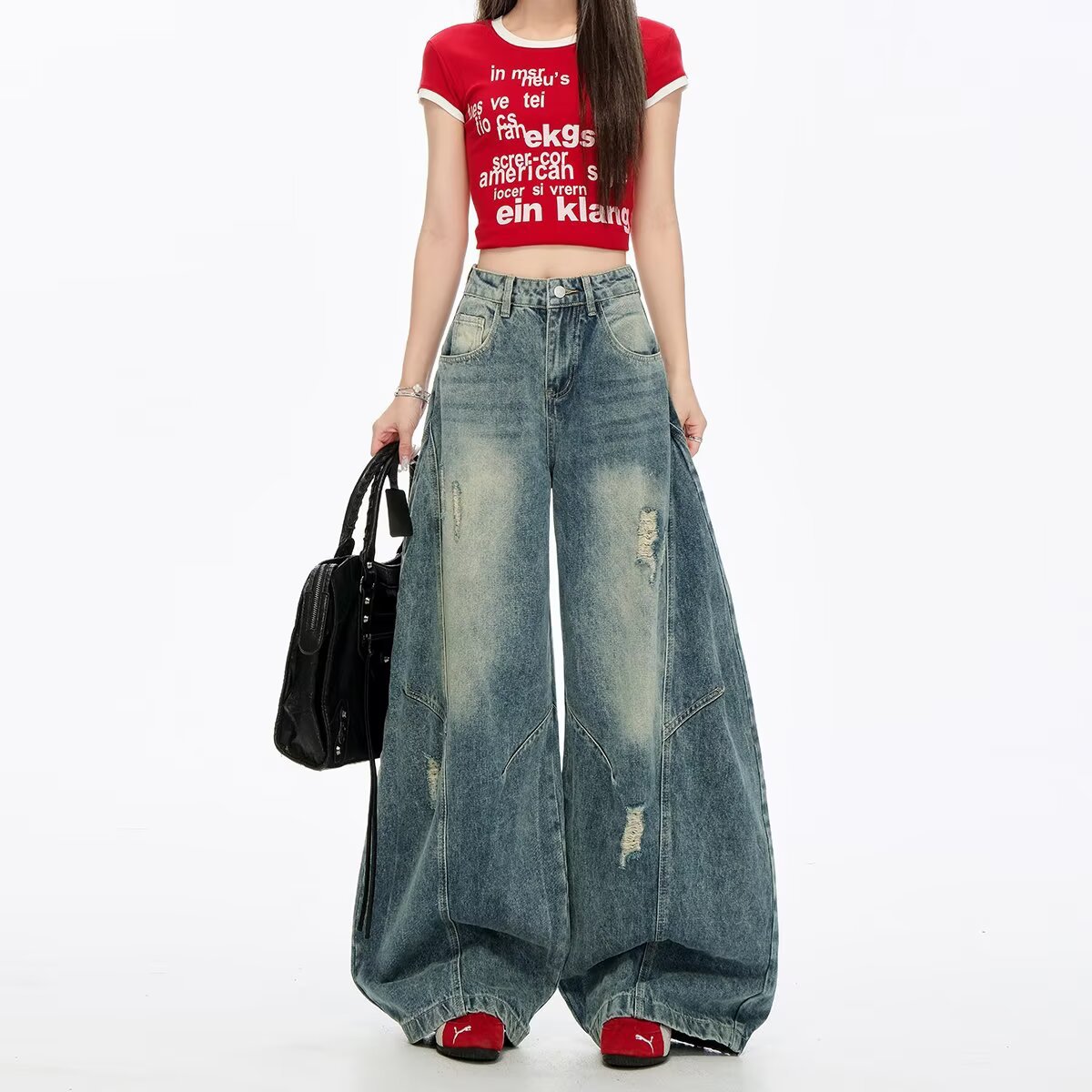 Retro Niche-design Distressed Copper High-rise Straight-leg Loose-fit Pants