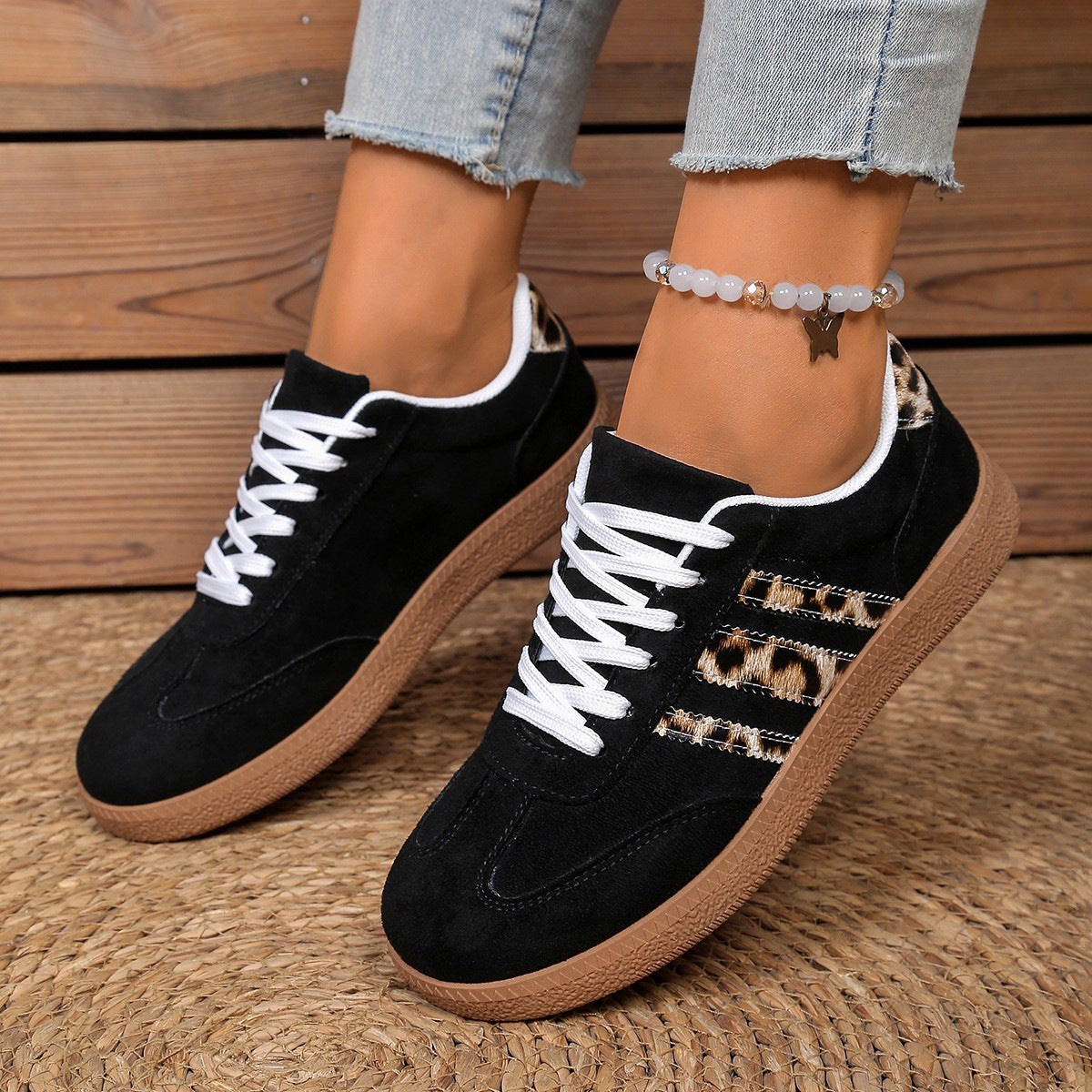 Springautumn New Vintage Leopard-print White Shoes Round-toe Lace-up Large-size Casual All-match Sneakers