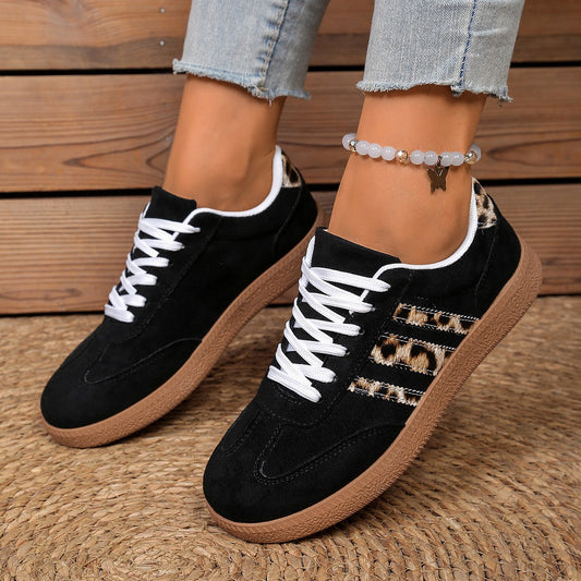 Springautumn New Vintage Leopard-print White Shoes Round-toe Lace-up Large-size Casual All-match Sneakers