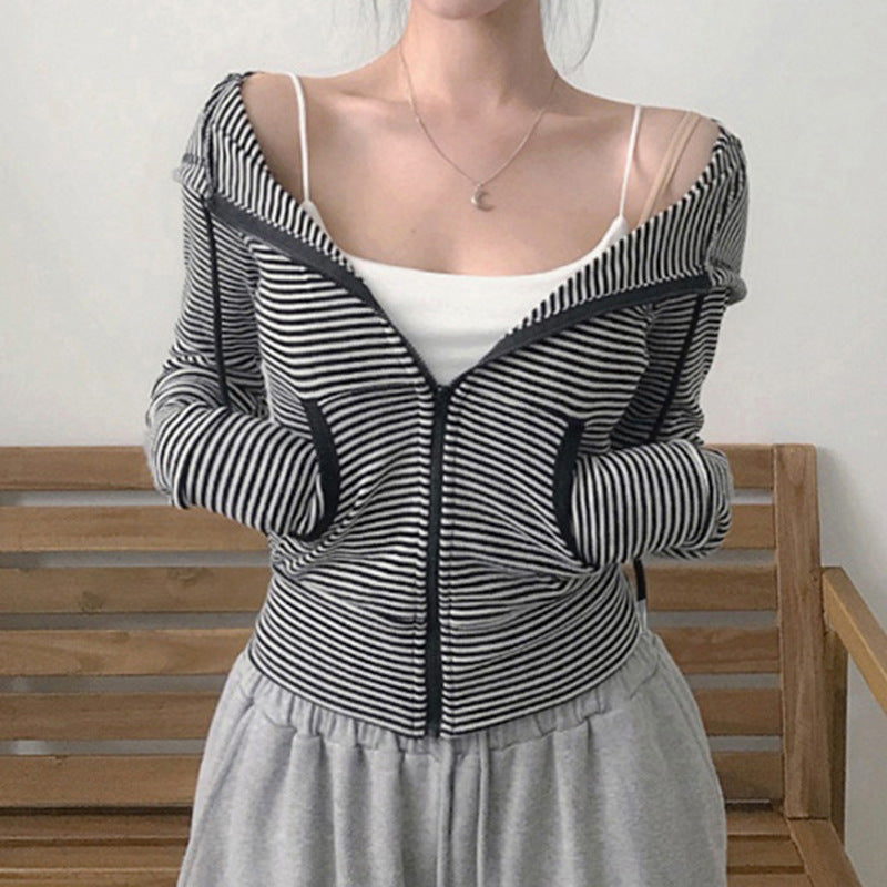 Striped Hoodie Coat Pocket Stitching Zipper Cardigan