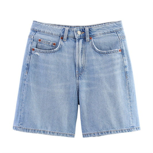 Summer European And American Style Initial Color Mid Waist Casual Denim Shorts