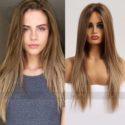 High-temperature Fiber Medium Brown Long Straight Hair Women's Wig