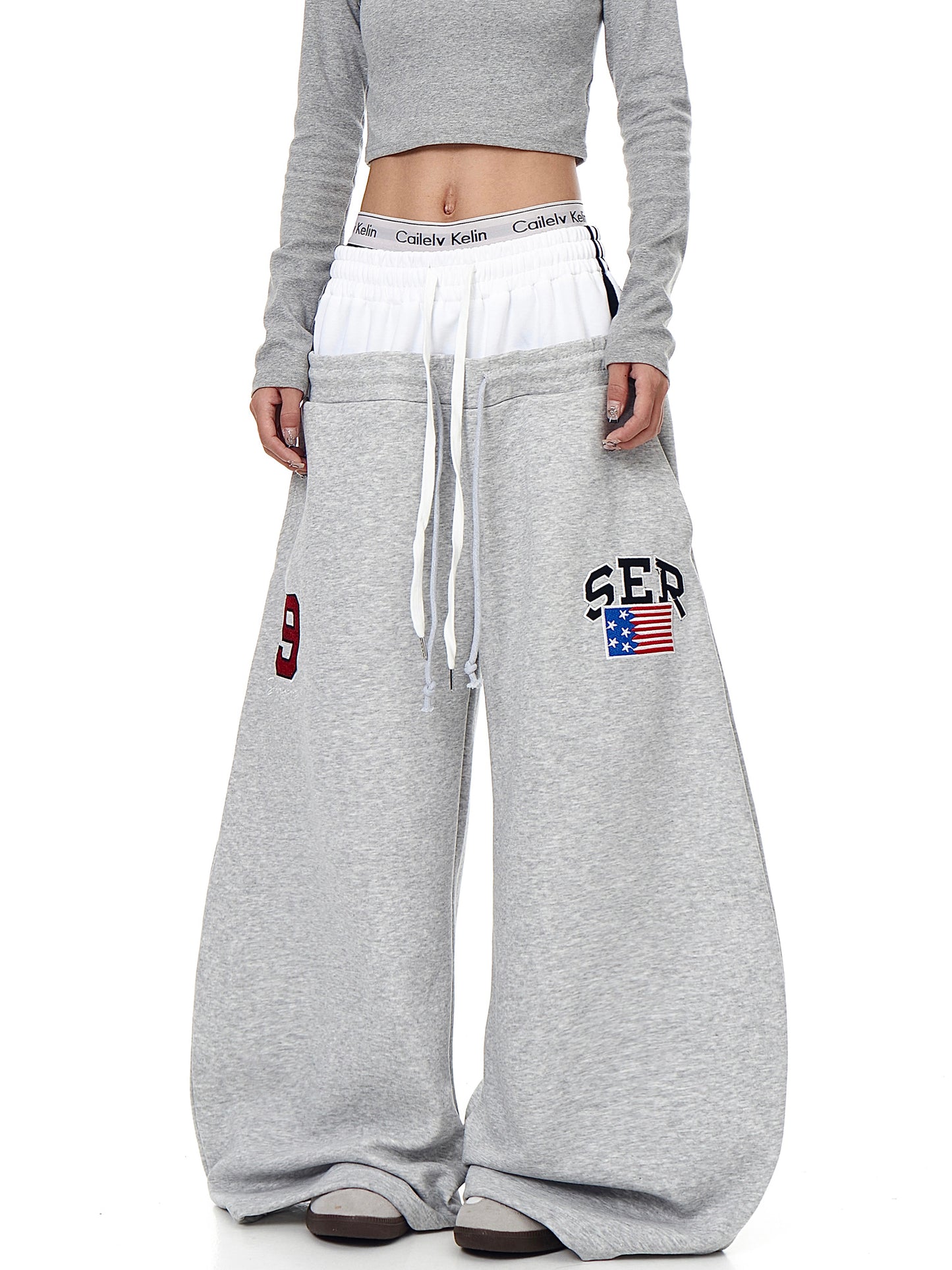 American-style Retro Double-waist Stitching Letter Curved Knife Sweatpants