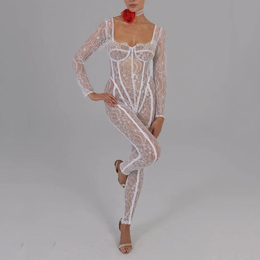 Lace Stitching Sexy Temptation Low-cut Jumpsuit