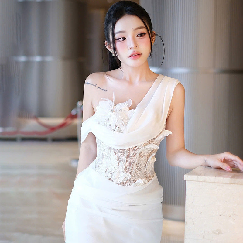 Womens Stylish Backless Figure-hugging Asymmetrical Sheath Dress