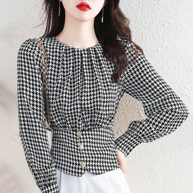 Chanel-style Houndstooth Pullover Blouse For Women