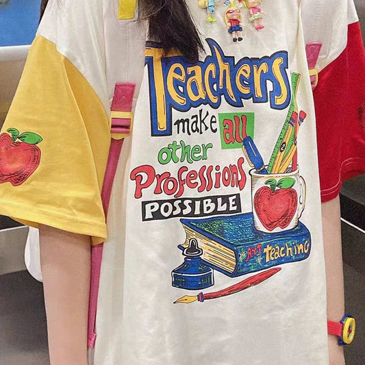 Japansk T-shirt til kvinder i ren bomuld med farvematching og korte ærmer