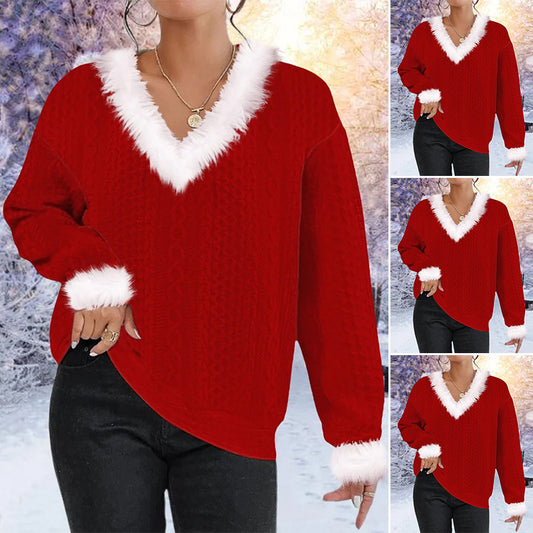 Autumn And Winter New Furry V-neck Solid Color Long Sleeve Sweater Top Women