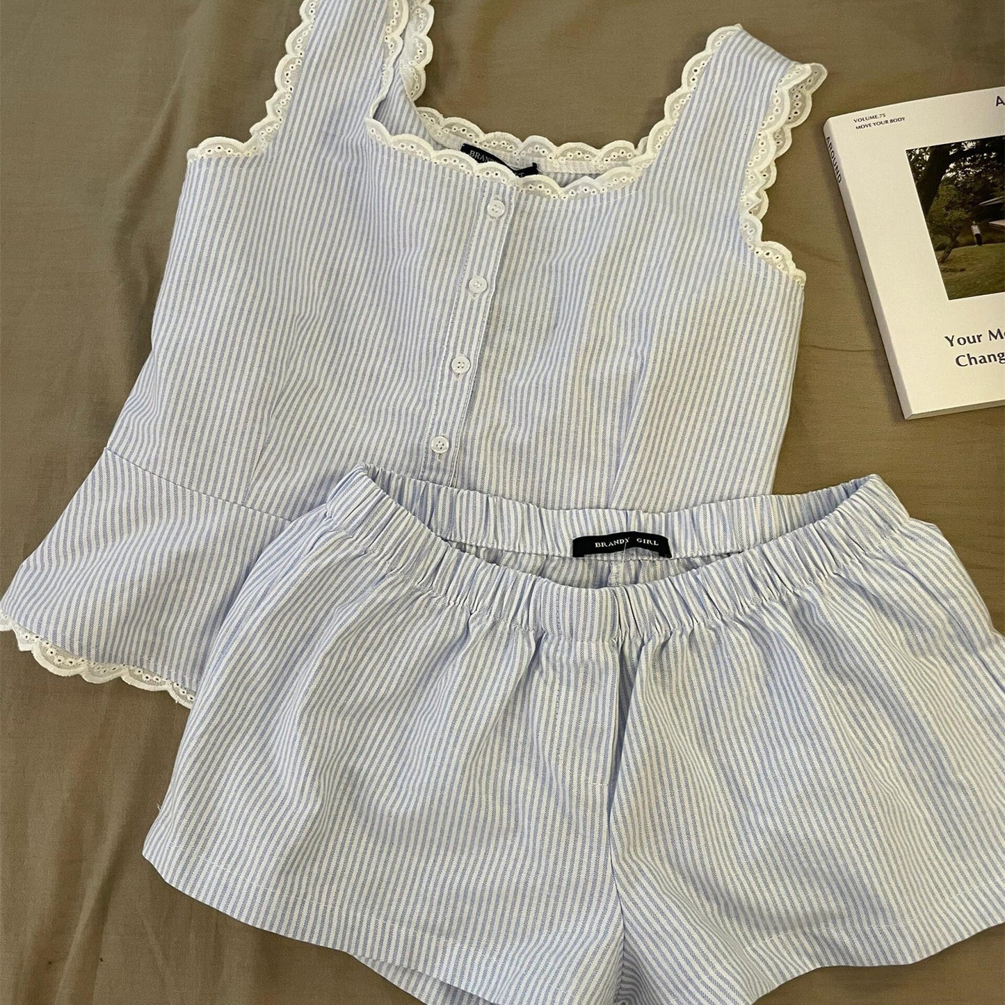 Women's Striped Lace-Trimmed Tank Top And Shorts Set